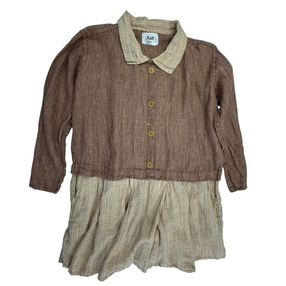 Flax Jeanne Engelhart Linen Dress Medium Brown Plaid boxy Artsy Lagenlook Boho